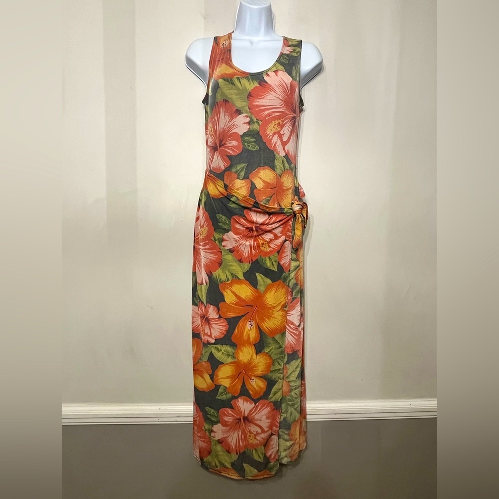 Janana’s Dress Wrap Sleeveless Maxi Tropical Hawaiian Vintage Slinky Stretch S/M